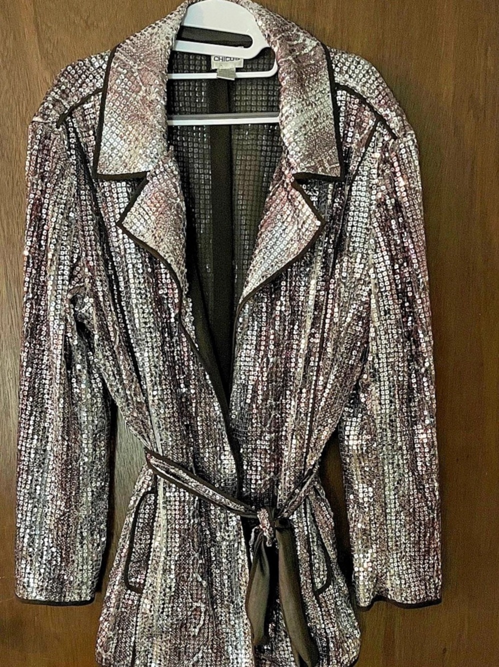 Chico's Sequin Belted Coat in Silver and brown Size 3